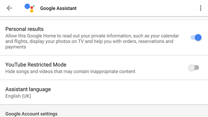 The Google Home app does include a setting for personalized results. Image: Screenshot